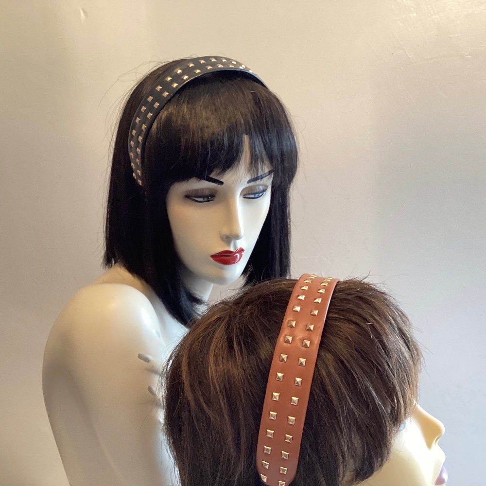 2 Gold Studded Headbands Black, Tan